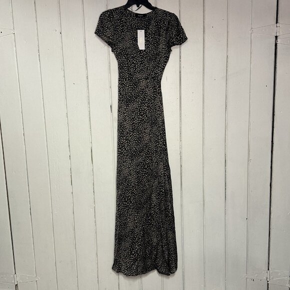 Aakaa Women's Size Small Black Satin Cheetah Animal Print Wrap Maxi Dress NWT - Picture 2 of 10